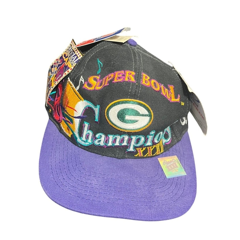 Deadstock Logo Athletic Hat Black Green Bay Packers Super Bowl XXXI Snapback Vtg